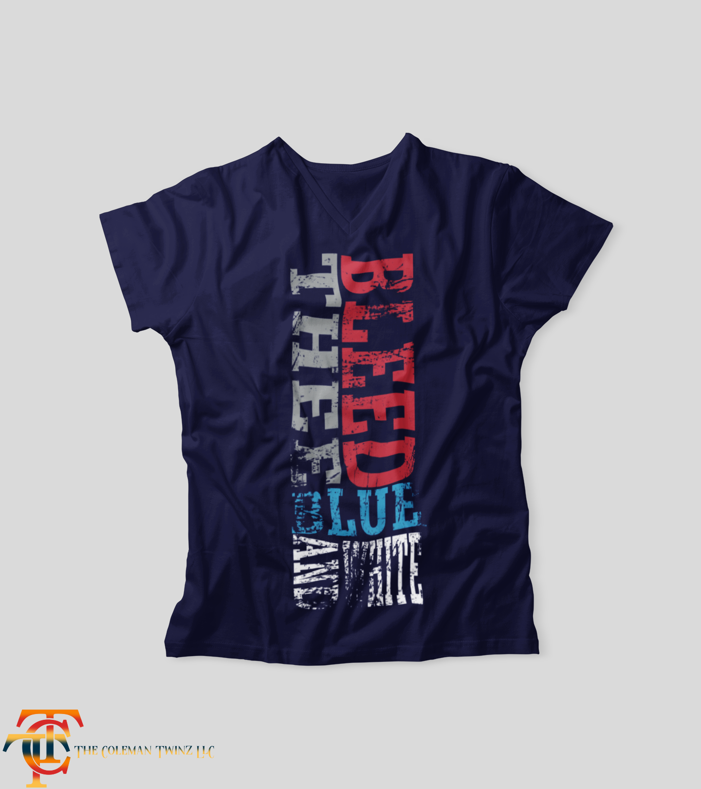 Unisex V-neck T-shirt, dark blue with vertical Tigers graphic in red white and blue