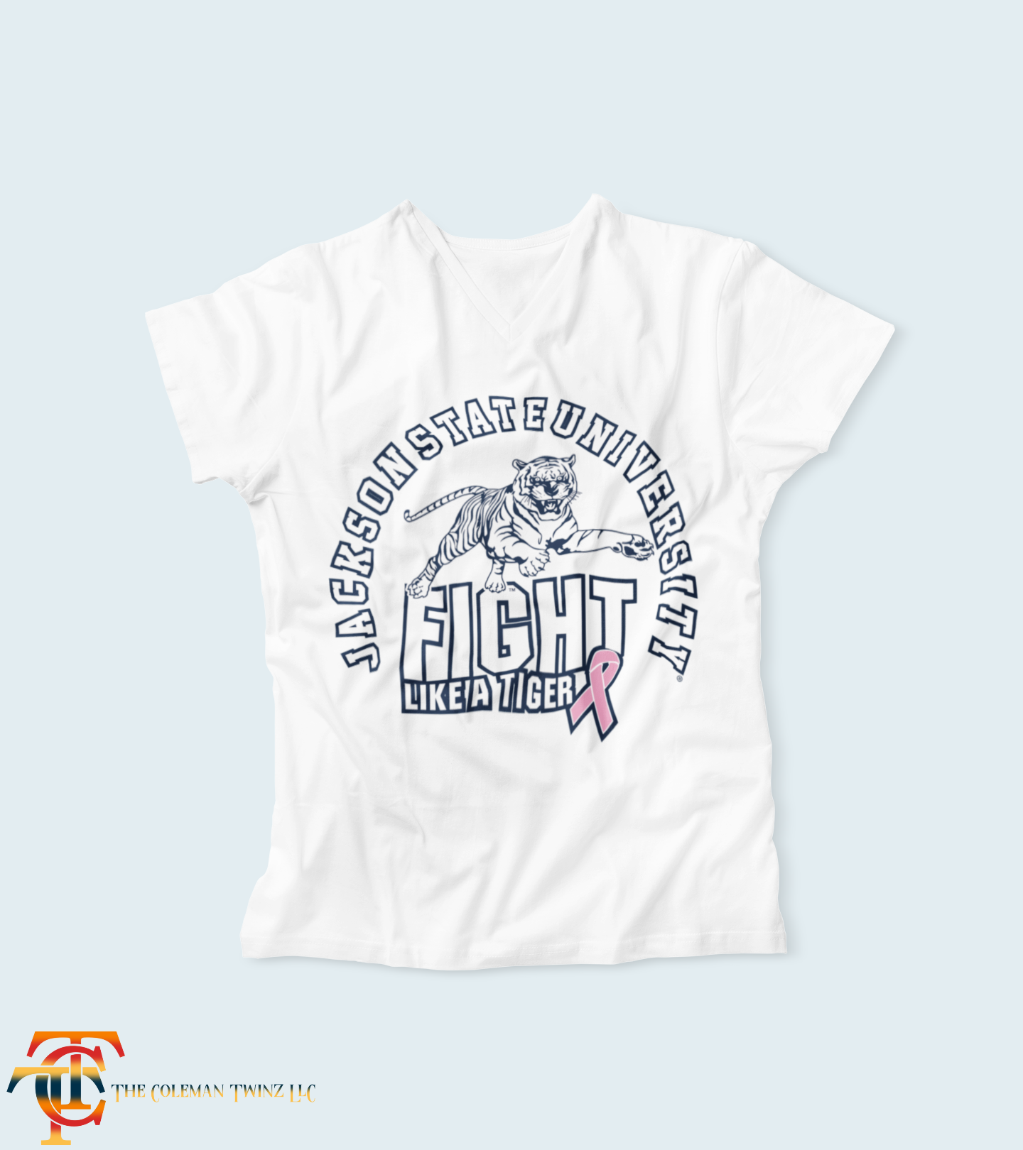 White short sleeve V-neck T-shirt with Jacksonville university tiger Fight Like a Tiger graphic