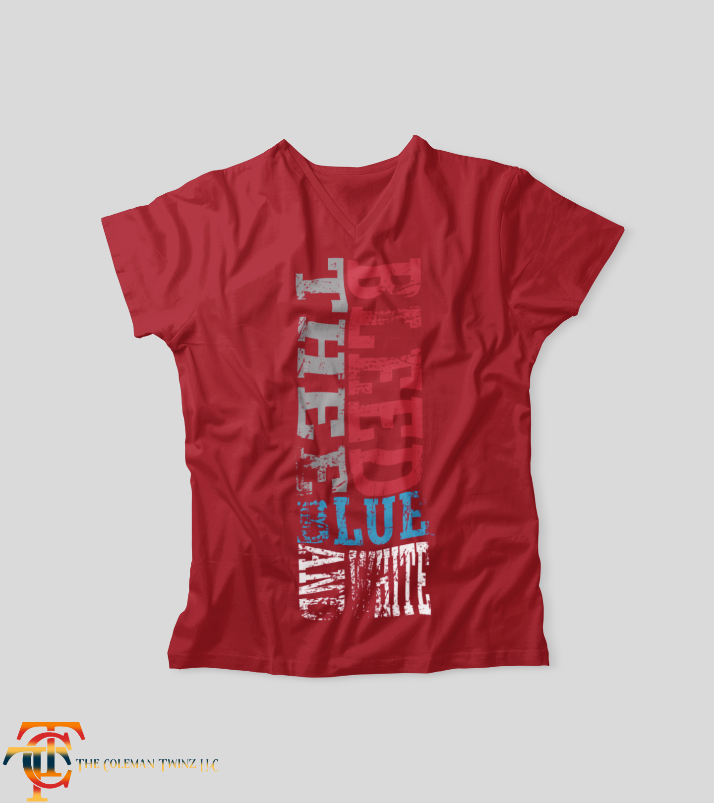 Unisex V-neck T-shirt, red with vertical Tigers graphic in white blue and dark red