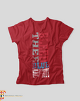 Unisex V-neck T-shirt, red with vertical Tigers graphic in white blue and dark red