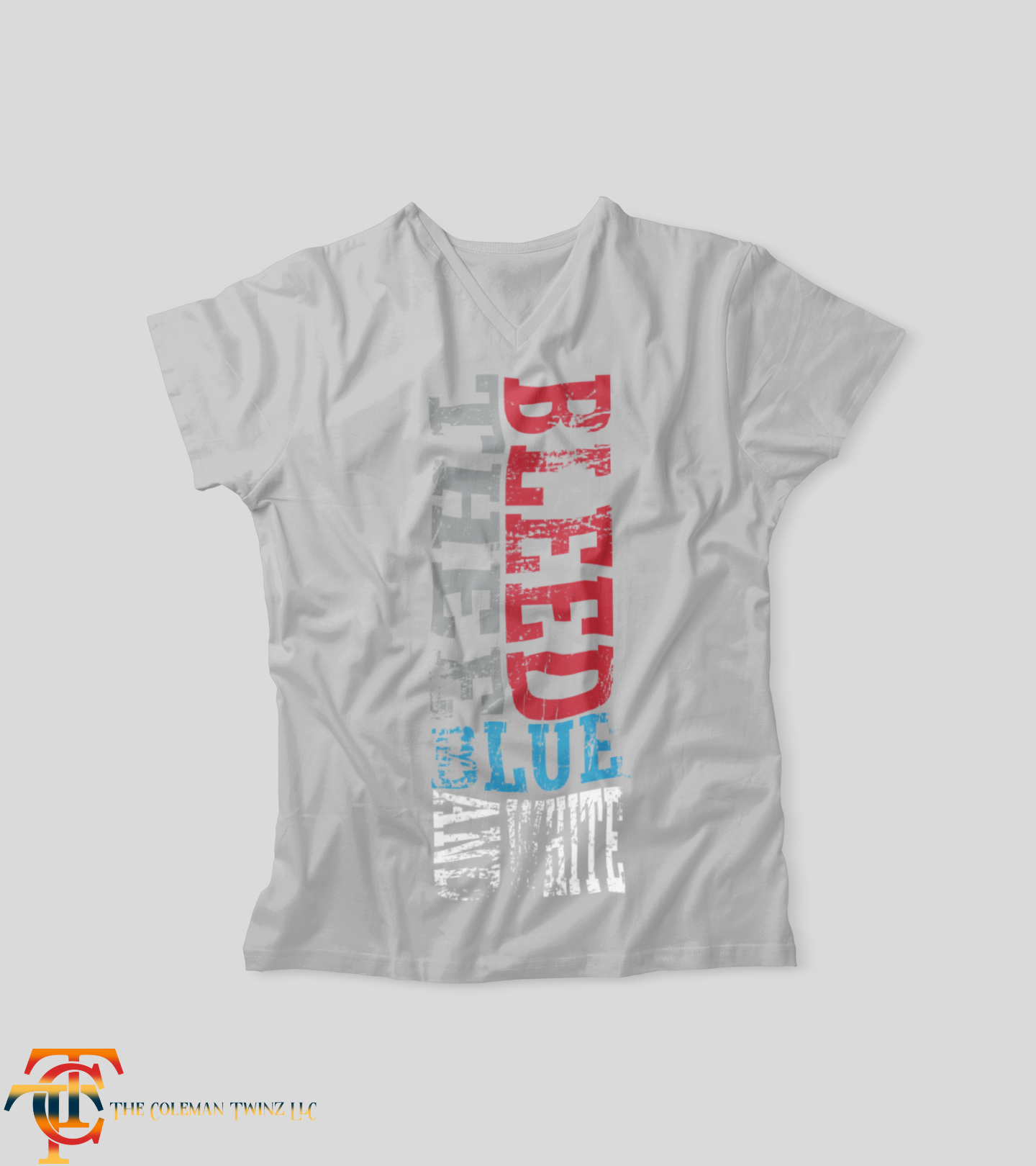 Jackson State Tigers graphic V-neck T-shirt, white with red blue and gray print