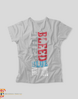 Jackson State Tigers graphic V-neck T-shirt, white with red blue and gray print