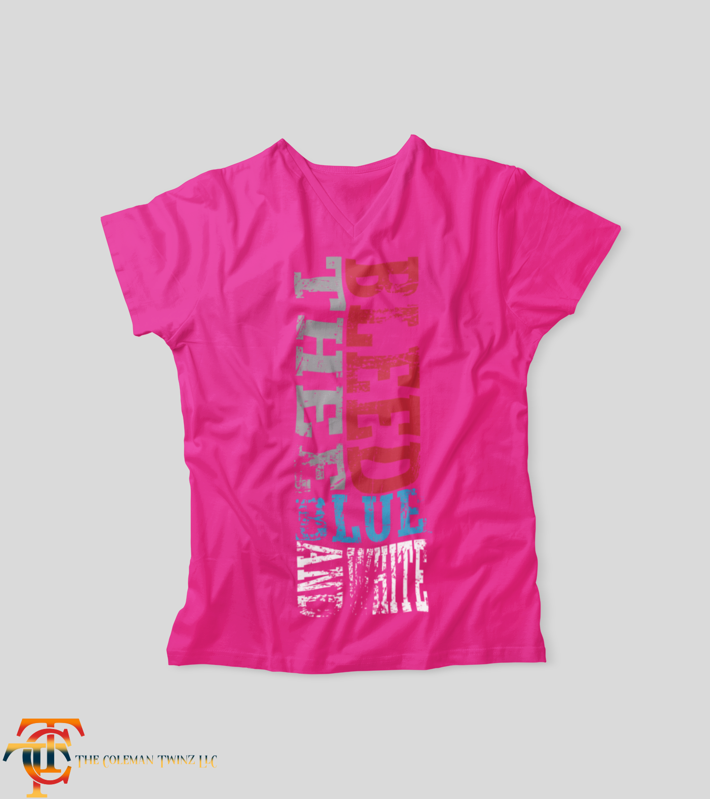 Jackson State Tigers graphic V-neck T-shirt, hot pink with red blue and gray print