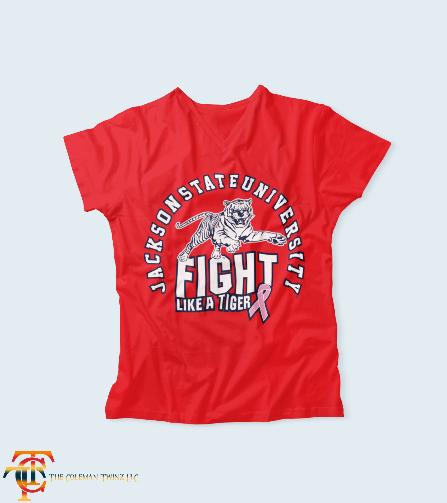 Red short sleeve V-neck T-shirt with tiger Fight Like a Tiger graphic and awareness ribbon