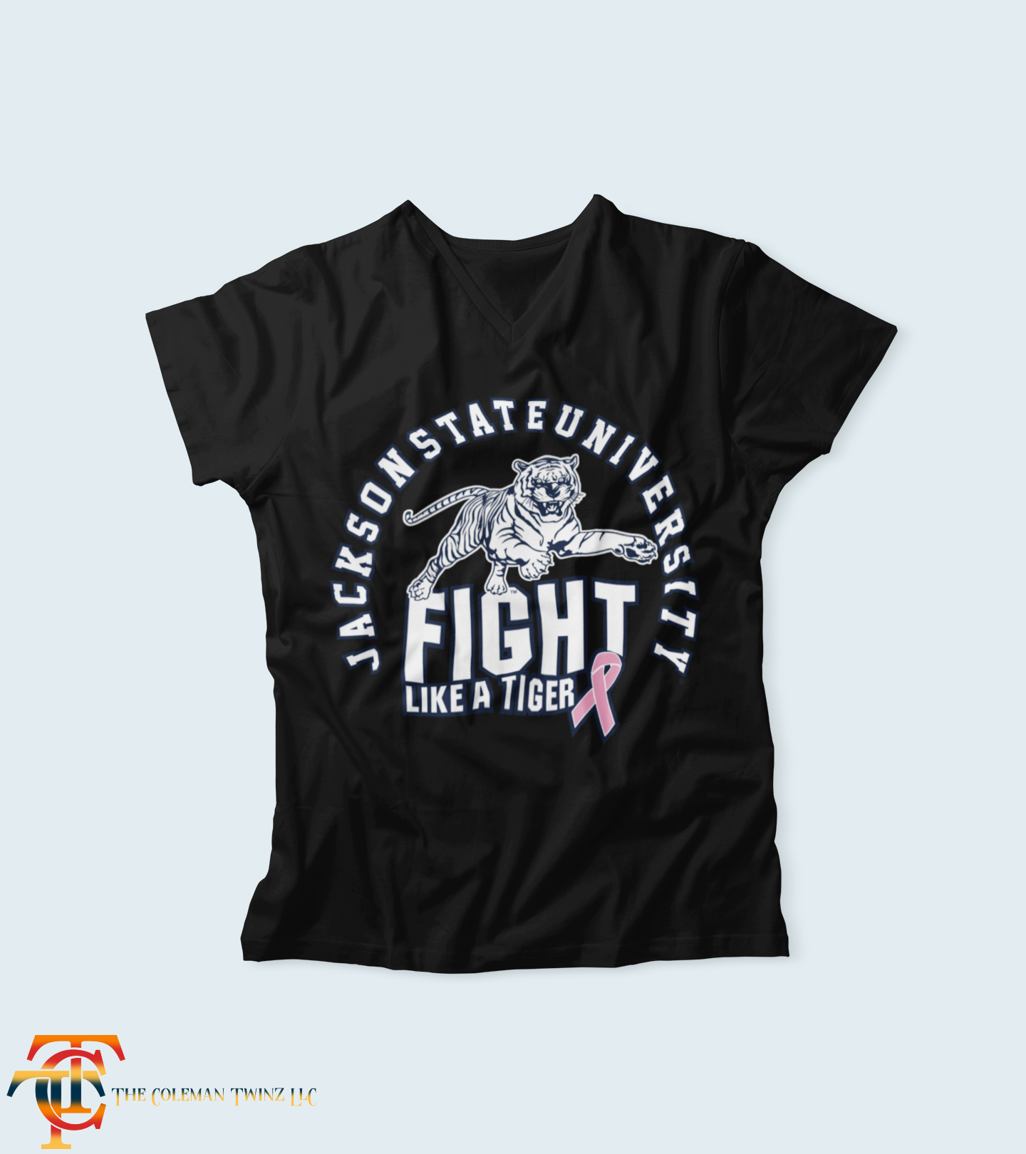 Black short sleeve V-neck T-shirt with tiger Fight Like a Tiger graphic and pink ribbon
