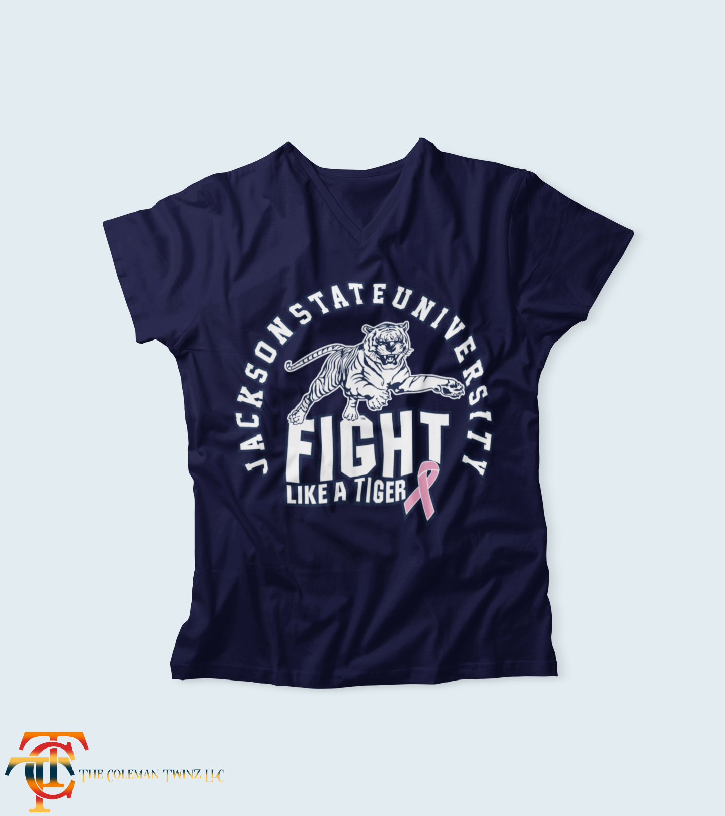 Navy short sleeve V-neck T-shirt with tiger Fight Like a Tiger graphic and ribbon accent
