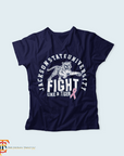 Navy short sleeve V-neck T-shirt with tiger Fight Like a Tiger graphic and ribbon accent