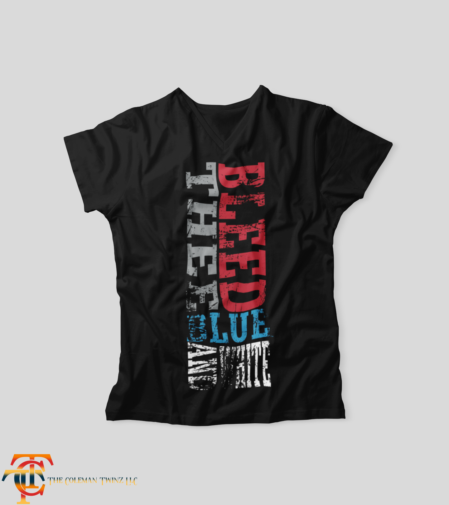 Unisex V-neck T-shirt, black with vertical Tigers graphic in red white and blue
