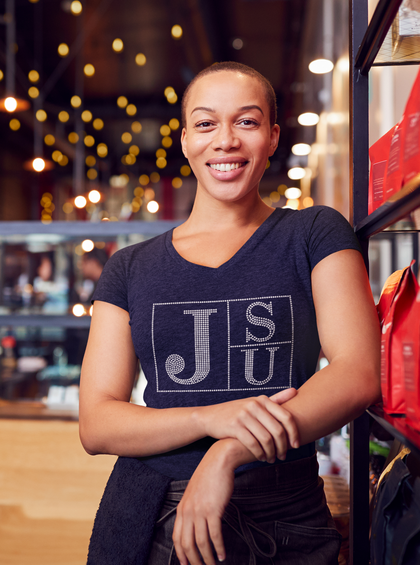 Navy blue V-neck T-shirt with centered rhinestone JSU block letters