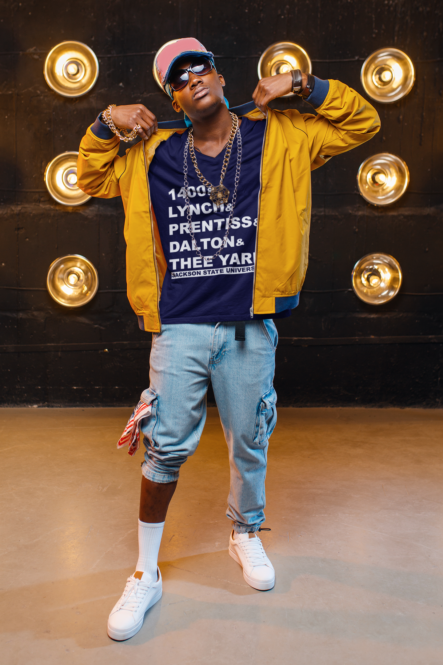 Navy v-neck T-shirt with 'THEE YARD' front text graphic
