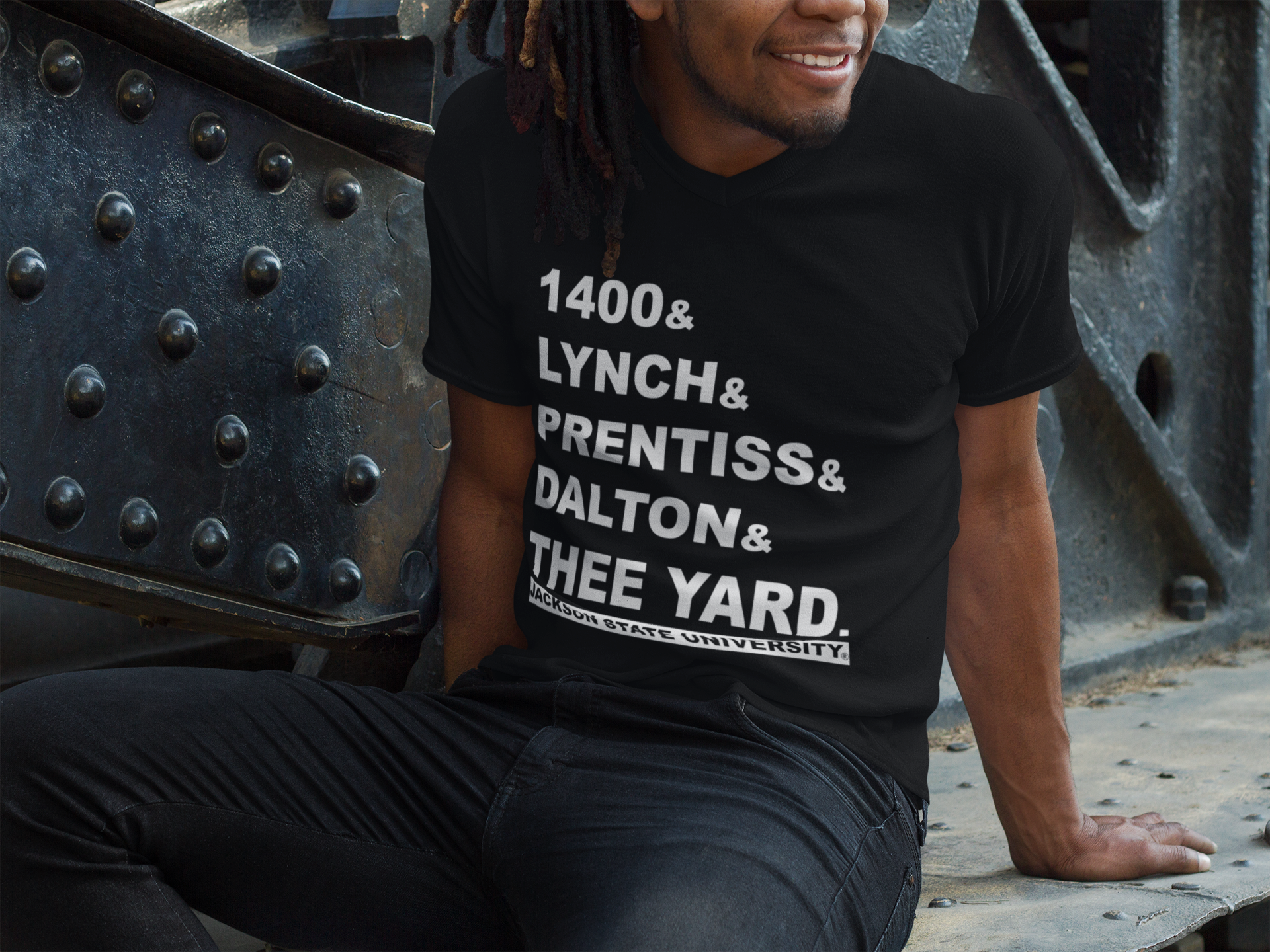 Black v-neck T-shirt with 'THEE YARD' front text graphic