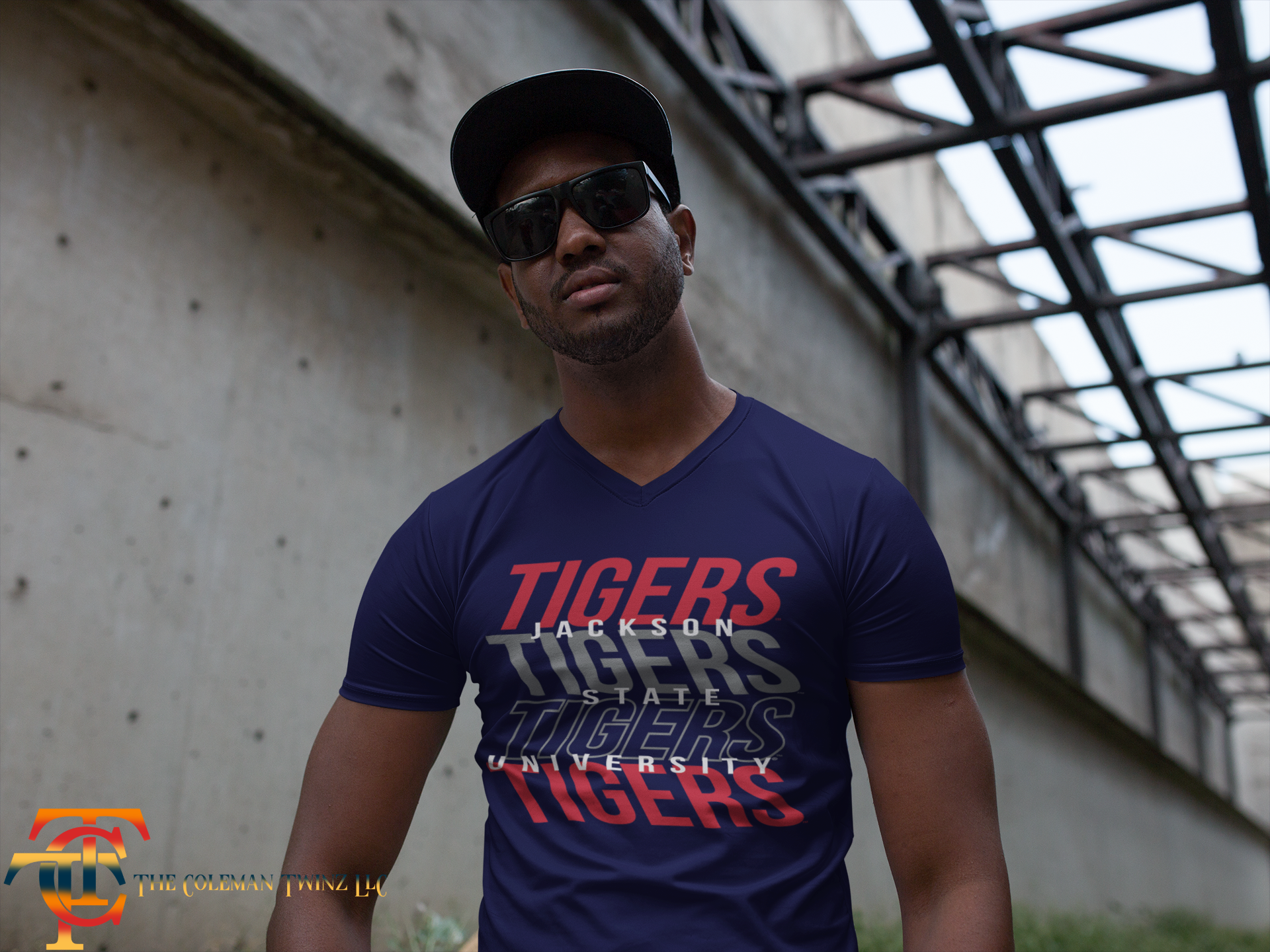 Blue v-neck short-sleeve T-shirt with Tigers graphic across chest.
