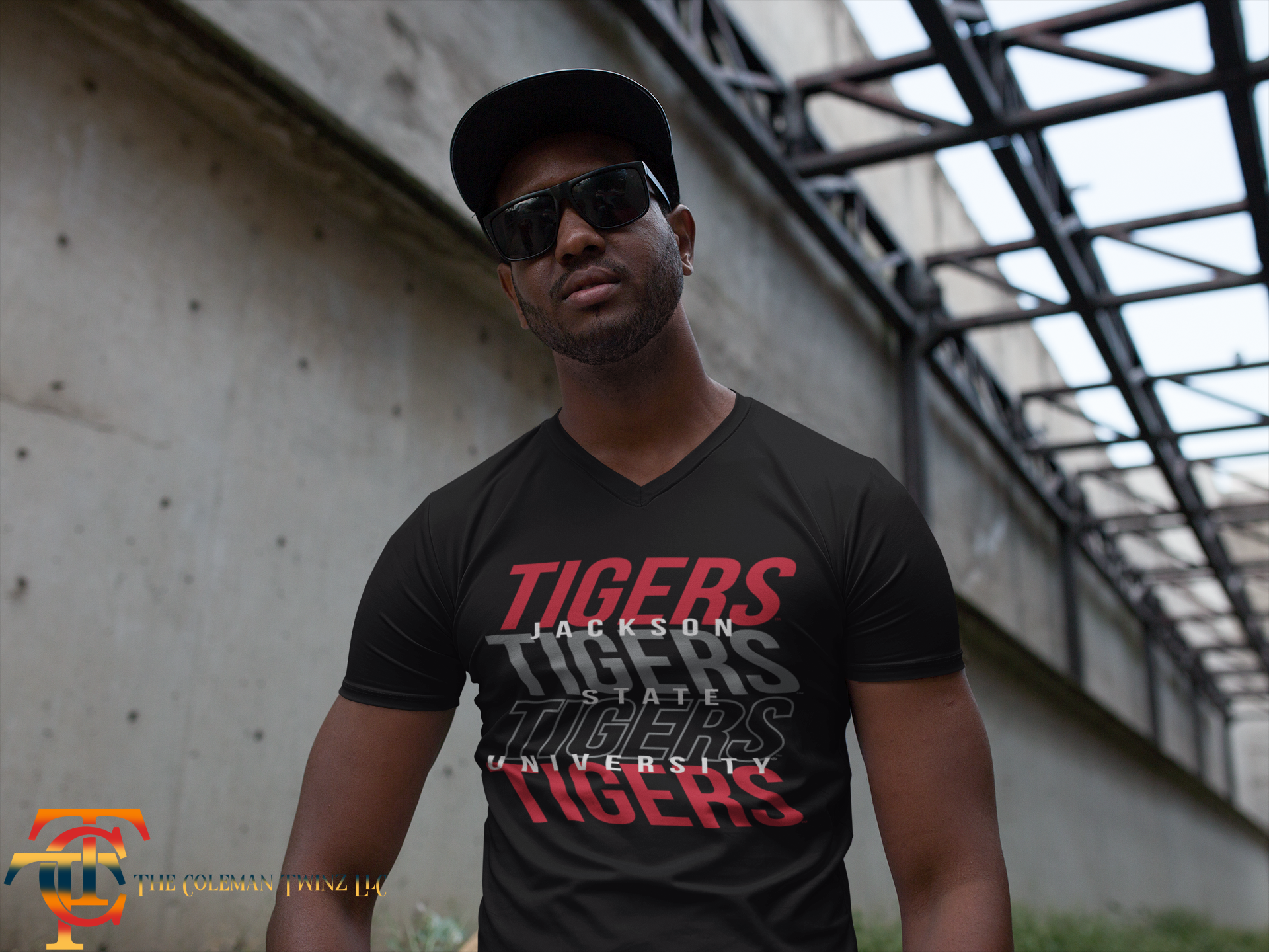 Black v-neck short-sleeve T-shirt with Tigers graphic across chest.