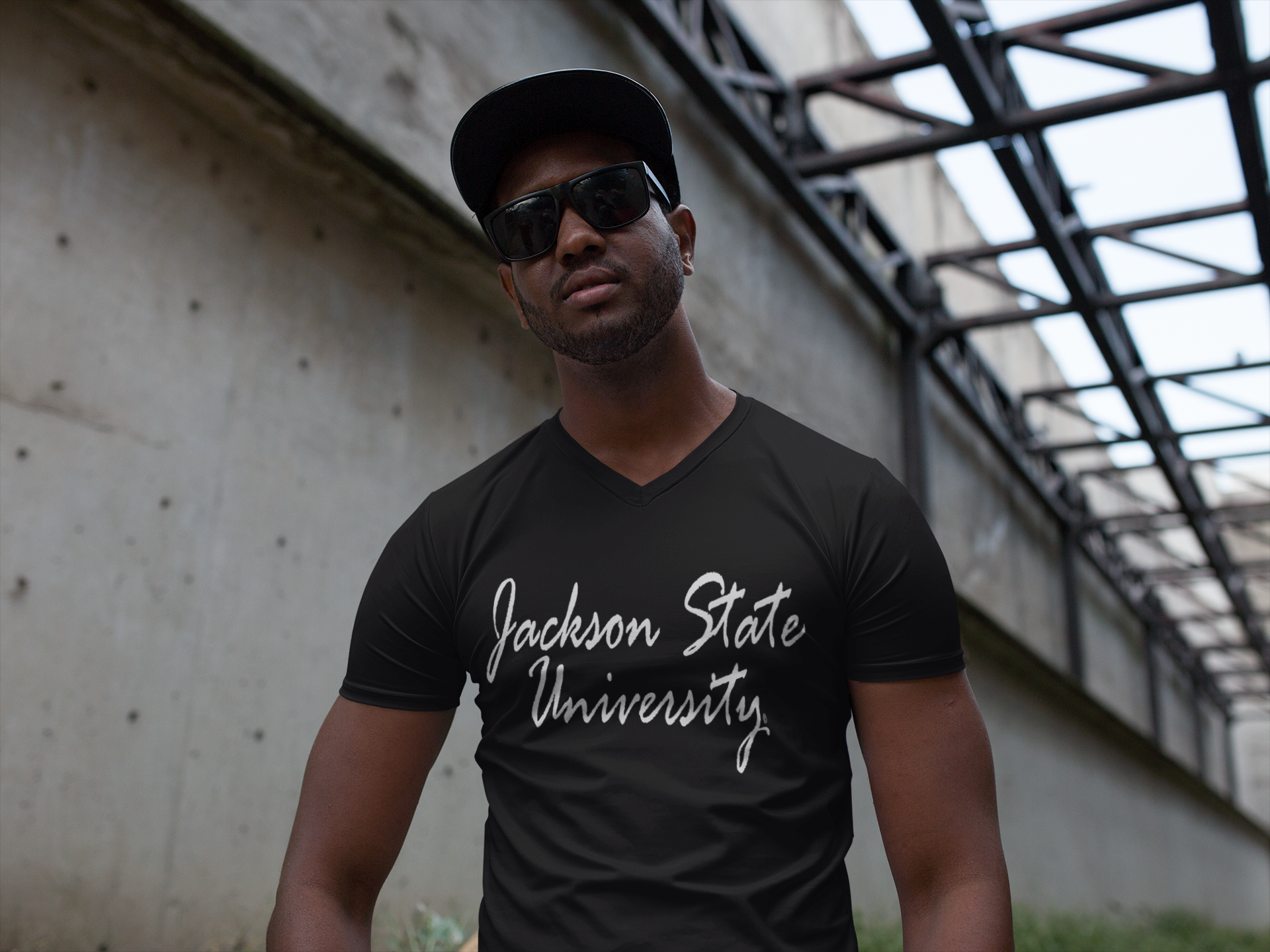 Black V-neck short-sleeve T-shirt with white script Jackson State University print