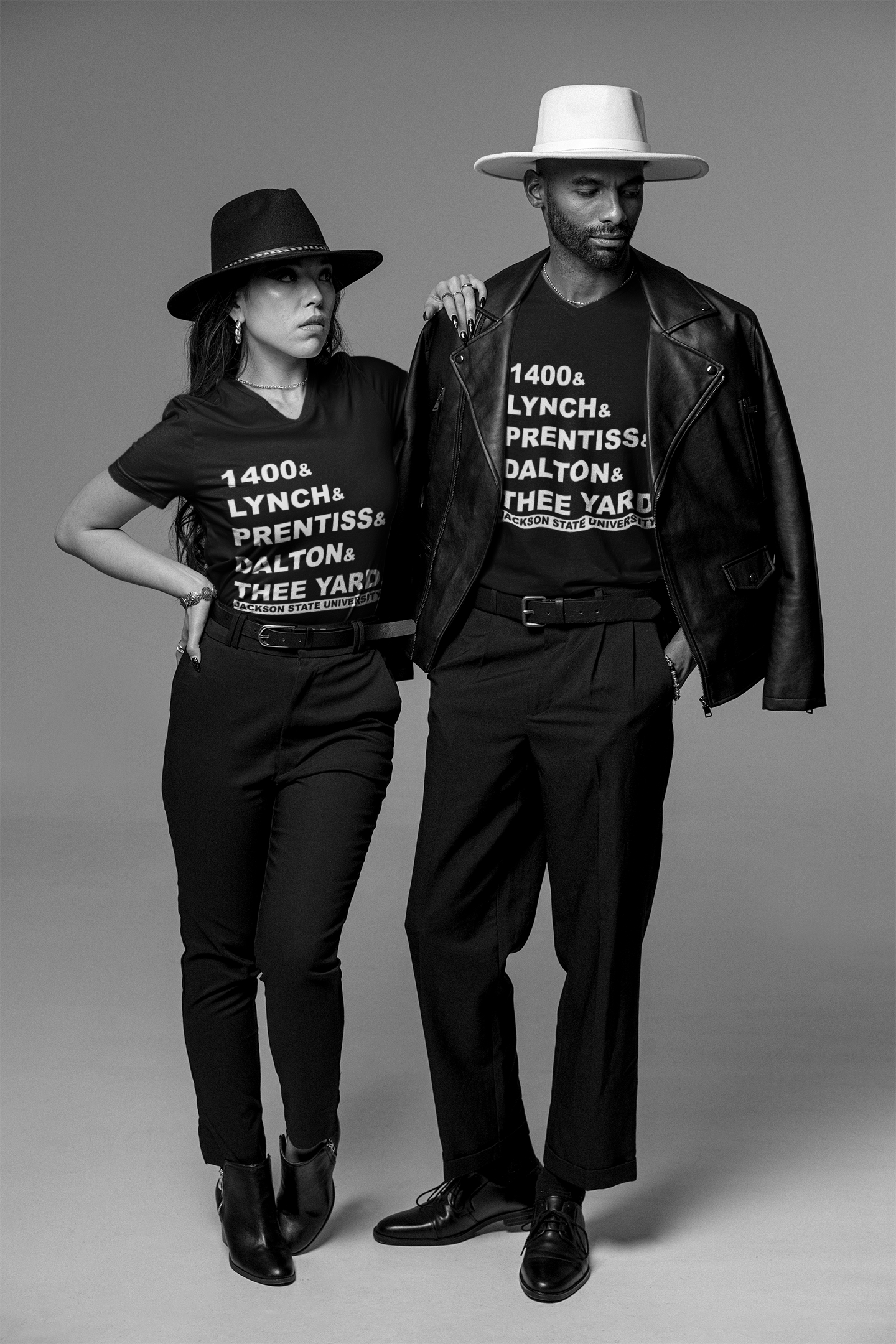 Black v-neck T-shirt with 'THEE YARD' front text graphic