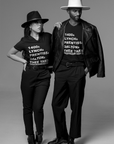 Black v-neck T-shirt with 'THEE YARD' front text graphic