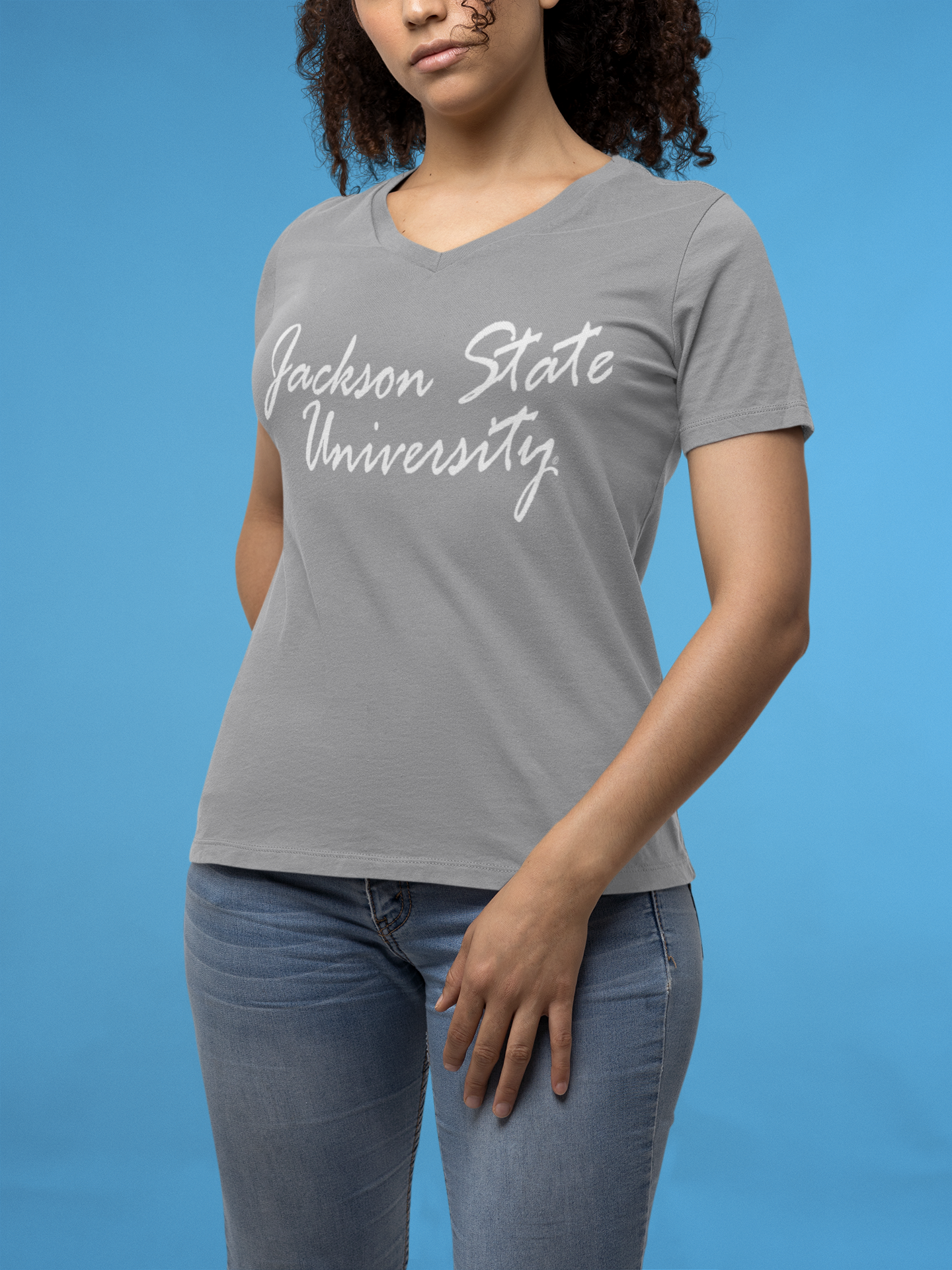 Gray V-neck short-sleeve T-shirt with white script Jackson State University print