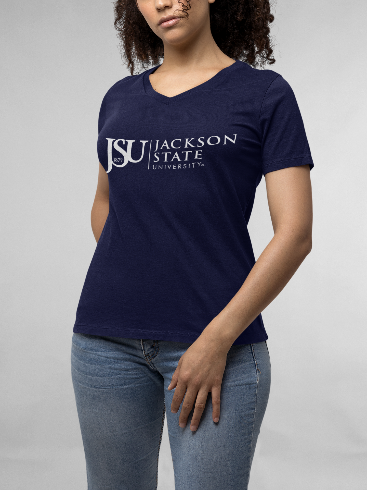 Navy V-neck T-shirt with Jackson State university logo and short sleeves