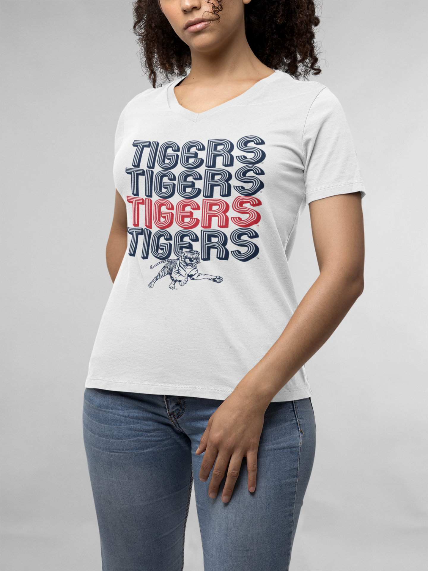 White v-neck t-shirt with stacked Tigers wordmark and tiger graphic