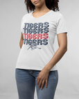 White v-neck t-shirt with stacked Tigers wordmark and tiger graphic