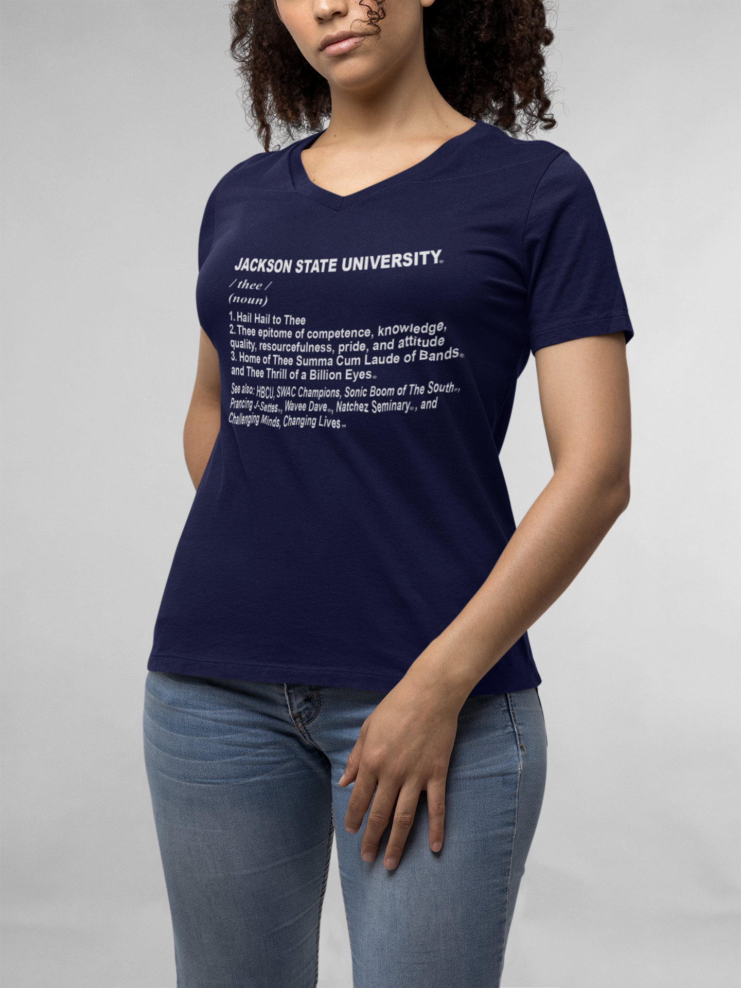 Unisex V-neck T-shirt, navy blue, front text logo on chest