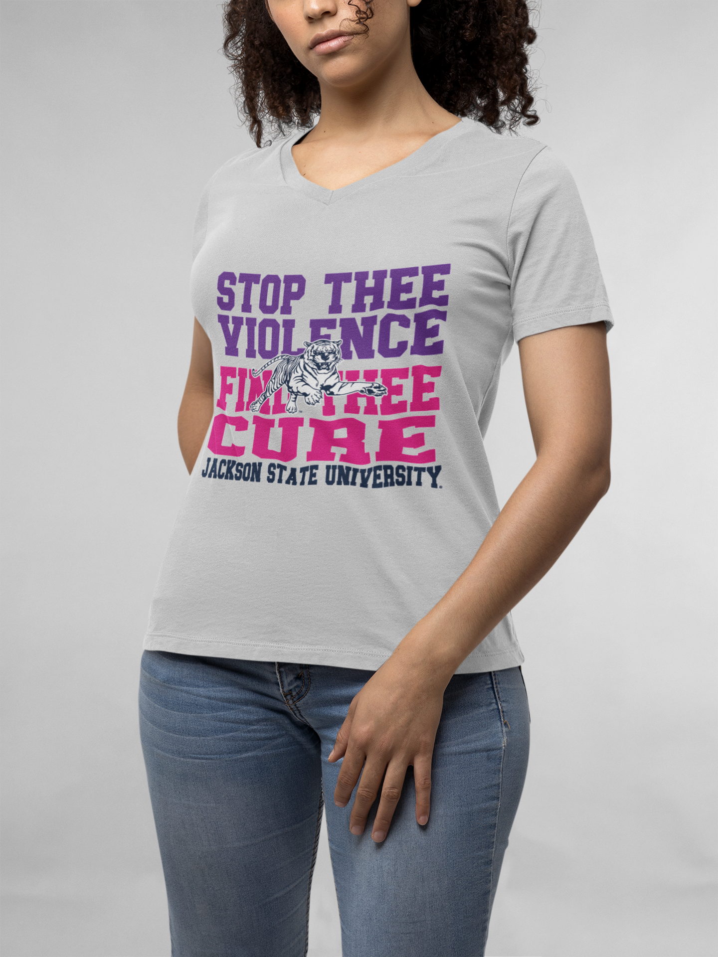 Heather gray v-neck T-shirt with "Stop the Violence" front graphic