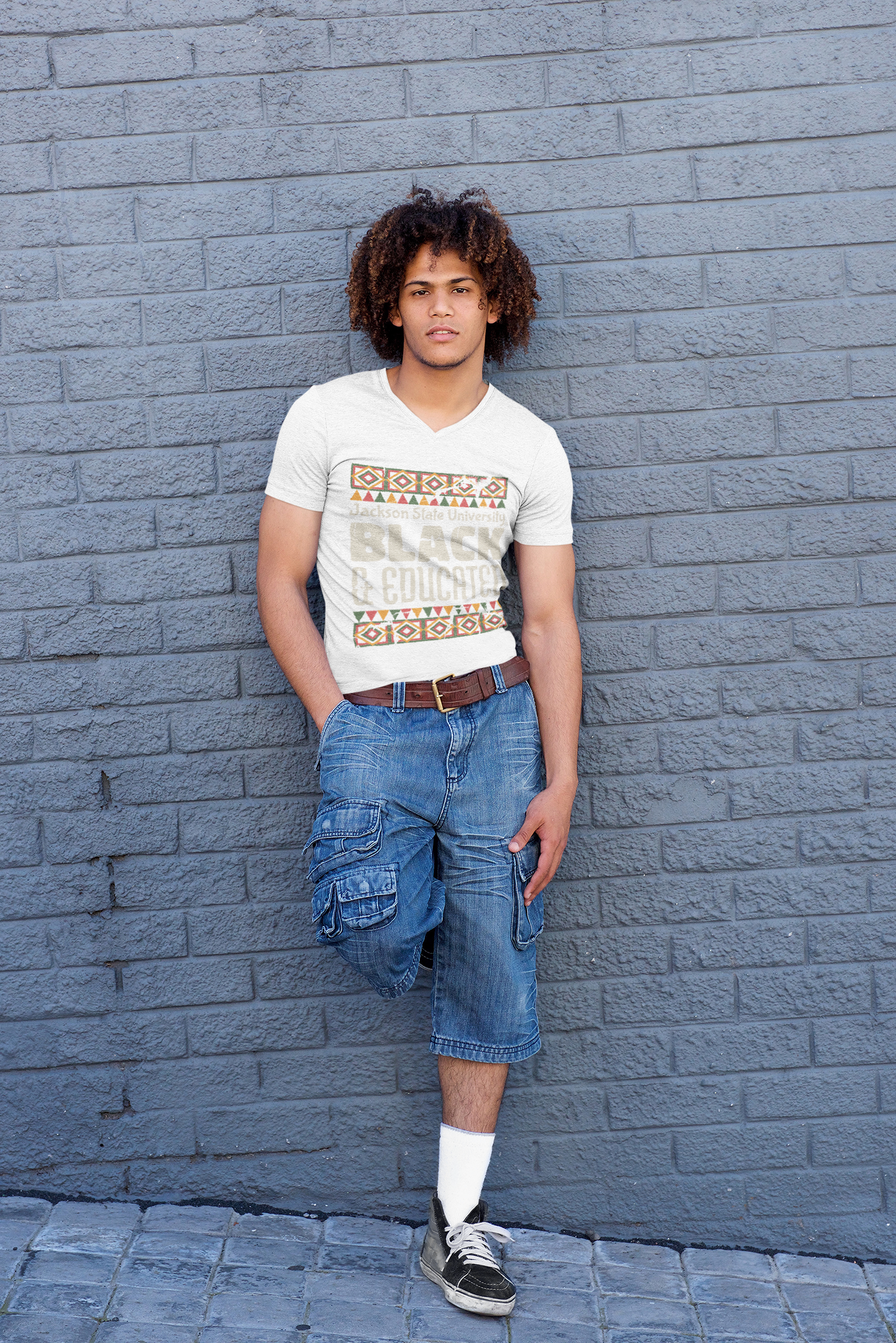 White V-neck short-sleeve T-shirt with "BLACK &amp; EDUCATED" graphic