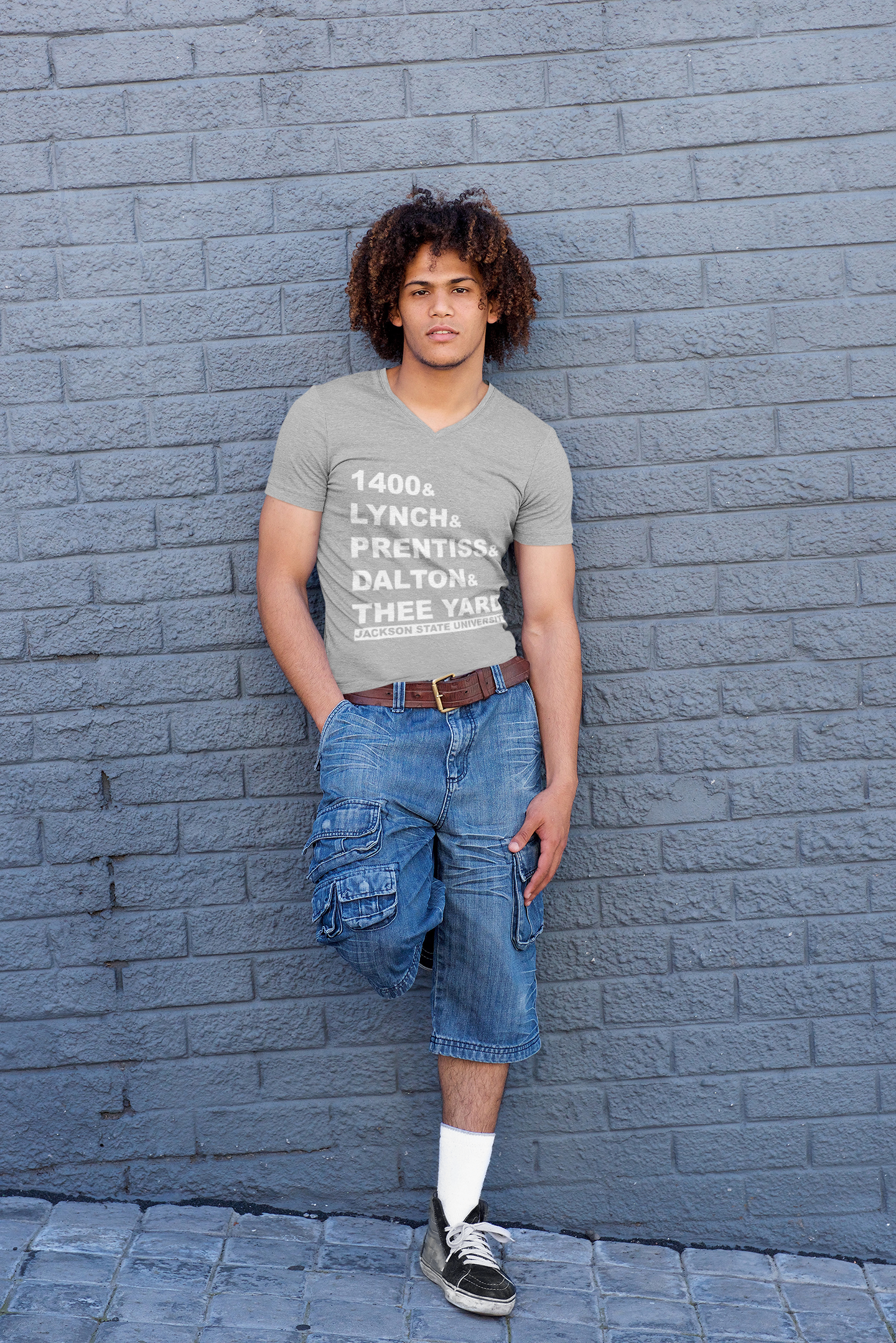 Heather gray v-neck T-shirt with 'THEE YARD' front text graphic